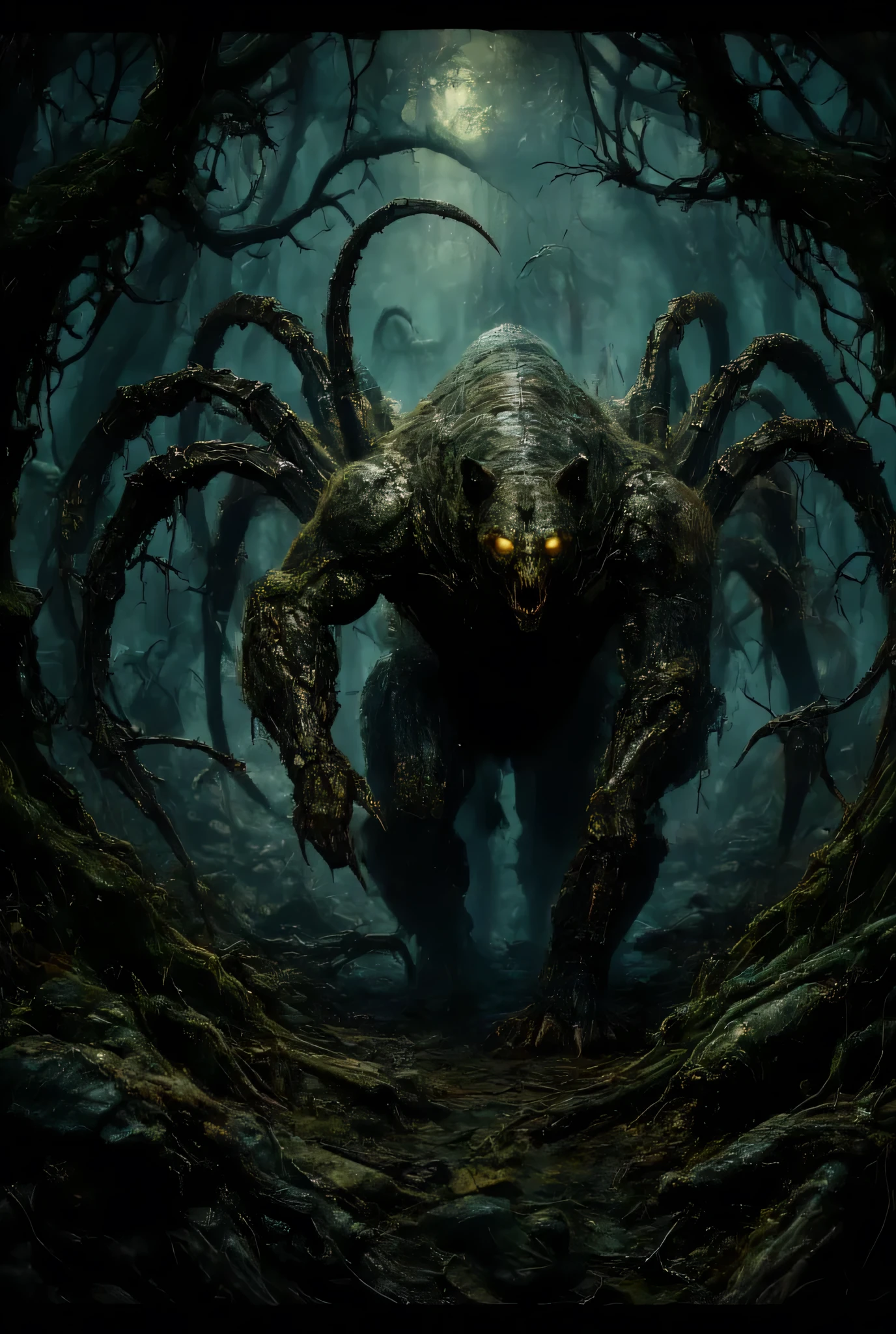 Here’s the prompt for the hybrid creature:
> "A hybrid creature combining a bear and a scorpion set in a dark, eerie forest. The creature has the muscular body and fur of a bear, with a scorpion's sharp pincers as its front limbs and a long, venomous stinger tail arched over its back. Its face is a terrifying mix of a bear's snarling jaws and glowing scorpion-like eyes. The setting is a dense forest shrouded in thick fog, with twisted trees and ominous shadows creating a chilling horror atmosphere. Moonlight filters through the gnarled branches, illuminating the creature as it prowls menacingly on the forest floor covered in dry leaves and bones."
Let me know if you need any edits or additions! 😊