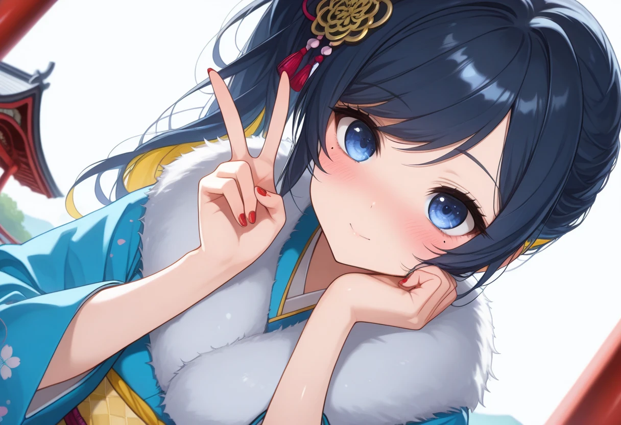 ((dark blue eye)),(masterpiece, best quality, ultra detailed,  highres icon,1girl),busty,model-like physique,Alone,white background, dark blue hair yellow inner hair,yellow inner hair,mole under left eye,big eyes,8k,light makeup,shiny skin,blushing like crazy,glossy lip,Very shiny red nails,,swept bangs,detailed eyes,fur-trimmed kimono,Dutch angle,((New Year shrine visit,traditional Japanese temple,peace sign)blush, Japanese Style Hair Ornaments ,long hair,side ponytail,