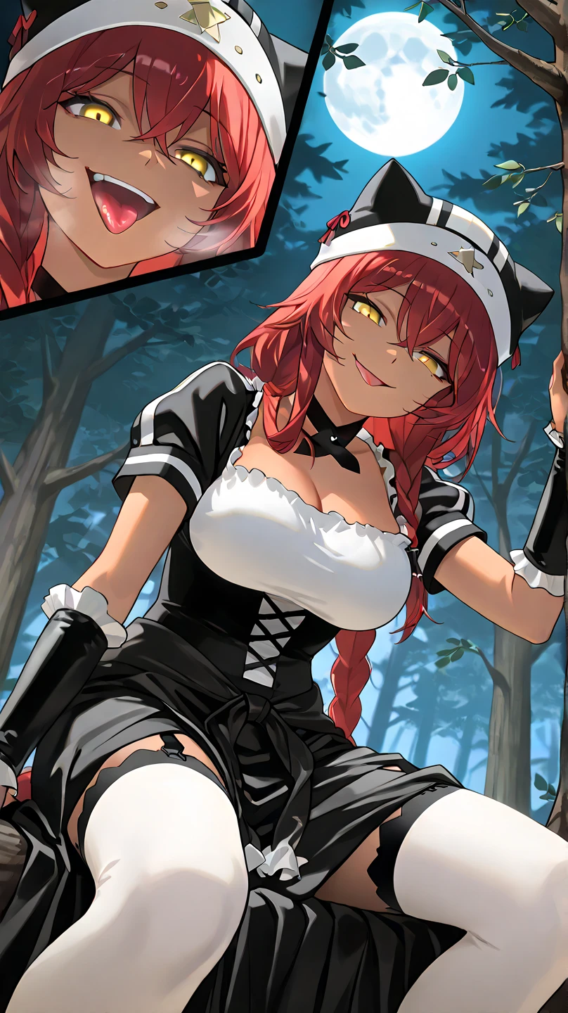 ,  High Quality , 最 High Quality , masterpiece,  high res, detailed face , anatomically correct , 
 yellow eyes,  red hair,  braids,,  wearing a black beast ear hat , 1 girl, solo, Dark Skin, brown skin, adult woman, Beautiful Women,Beauty,
In the forest deep in the mountains,,Up in the tree, moon, Multiple Leaves Falling ,tree branch

Black Maid Outfit , short sleeve/gauntlet,  white knee-high ,  choker , black long skirt, garter belt under my long skirt,

 close-up, from your hand and direct your gaze, Medium build,accurate, slightly larger breasts,
smile, ecstatic expression beside the piano,excited,  open her mouth ,mischievous personality , seductive smile,Her eyes are frowning ,Up to the thighs,Draw her in a larger size,Crazy look, mischievous face , smirking, stick out your tongue,Bad face,Viewers are being bullied ( sadist), enjoying bullying
angle from below, lower angle , angle looking up at her hanging from a tree ,She's looking down at the viewer below ,Facing down
Sitting on a thick branch ,Sitting down on a tree , looking down at viewers from a high place
I'm staring at me, frowns, staring with thin eyelids,Eyes on garbage, contemptuous eyes ,  protrudes from the screen,  part of the picture sticks out of the frame,  rough breathing,