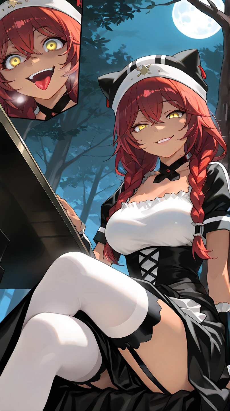 ,  High Quality , 最 High Quality , masterpiece,  high res, detailed face , anatomically correct , 
 yellow eyes,  red hair,  braids,,  wearing a black beast ear hat , 1 girl, solo, Dark Skin, brown skin, adult woman, Beautiful Women,Beauty,
In the forest deep in the mountains,,Up in the tree, moon, Multiple Leaves Falling ,tree branch

Black Maid Outfit , short sleeve/gauntlet,  white knee-high ,  choker , black long skirt, garter belt under my long skirt,

 close-up, from your hand and direct your gaze, Medium build,accurate, slightly larger breasts,
smile, ecstatic expression beside the piano,excited,  open her mouth ,mischievous personality , seductive smile,Her eyes are frowning ,Up to the thighs,Draw her in a larger size,Crazy look, mischievous face , smirking, stick out your tongue,Bad face,Viewers are being bullied ( sadist), enjoying bullying
angle from below, lower angle , angle looking up at her hanging from a tree ,She's looking down at the viewer below ,Facing down
Sitting on a thick branch ,Sitting down on a tree , looking down at viewers from a high place
I'm staring at me, frowns, staring with thin eyelids,Eyes on garbage, contemptuous eyes ,  protrudes from the screen,  part of the picture sticks out of the frame,  rough breathing,