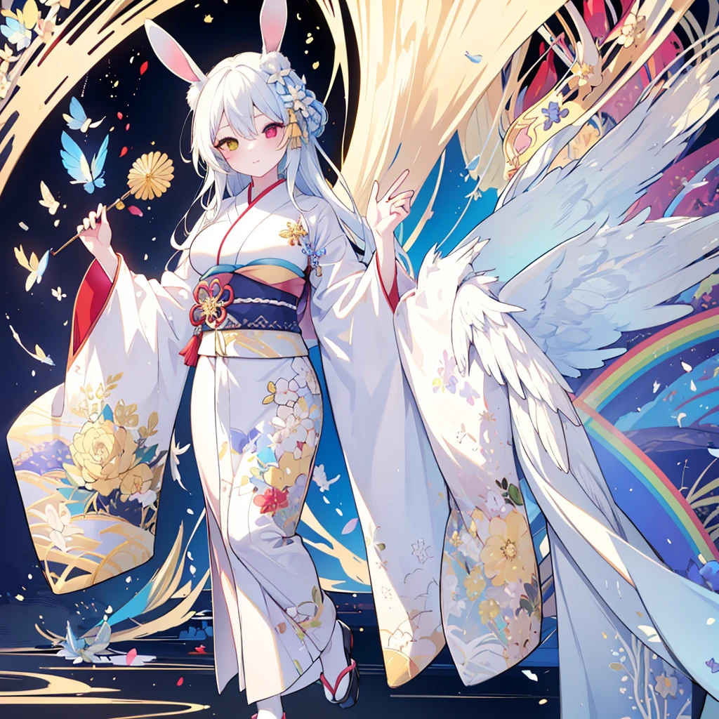 Hand Repair,Foot repair,masterpiece,8k,(((( 1 girl)))), beautiful girl,City Background,((((full body shot,very wide shot,Rabbit Ears,I'm hiding my ears with my hair)))),(((Perfect white hair, long hair))), ((((( rainbow heterochromia, Golden Eye Right Eye,Red Eye Left Eye , kimono,she wearing a blue color furisode,Big Breasts))))), facing forward 