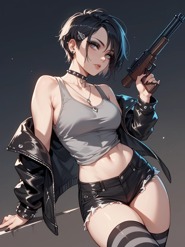 (absurdres, highres, ultra detailed),Masterpiece,intricate details,Best quality,8k,Realistic face,anime girl,Realistic skin texture,magnified textures, stunning clarity, ultra detailed eyes and faces,rock star girl,strong,Winning spirit,(confident eyes),punk rock,,(Belly button),(very short hair:1.2),dark purple hair,tsurime,ruined jungle,biopunk,cowboy shot,(womb tattoo:1.2),trench coat,silver neckless,front-tie bra,red checked skirt,look at viewer,,(big breasts),action pose,(gun)