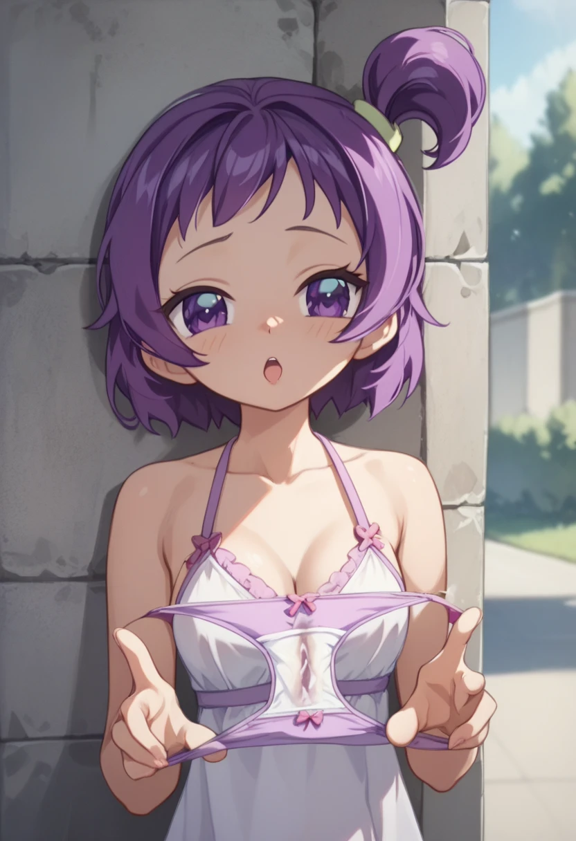    highest image quality taken by Ki、 anatomically accurate 、 panty presentation photo session at the park 、Beautiful  twin sister 、 purple hair left side ponytail   、 purple eyes 、Height 140cm、 G-cup breasts、  sexually provocative facial expression 、WHITE STRING SWIMSUIT SLINGSHOT 、 showing off light purple panties 、 The crotch area of the panties is wet and transparent with liquid of love 、