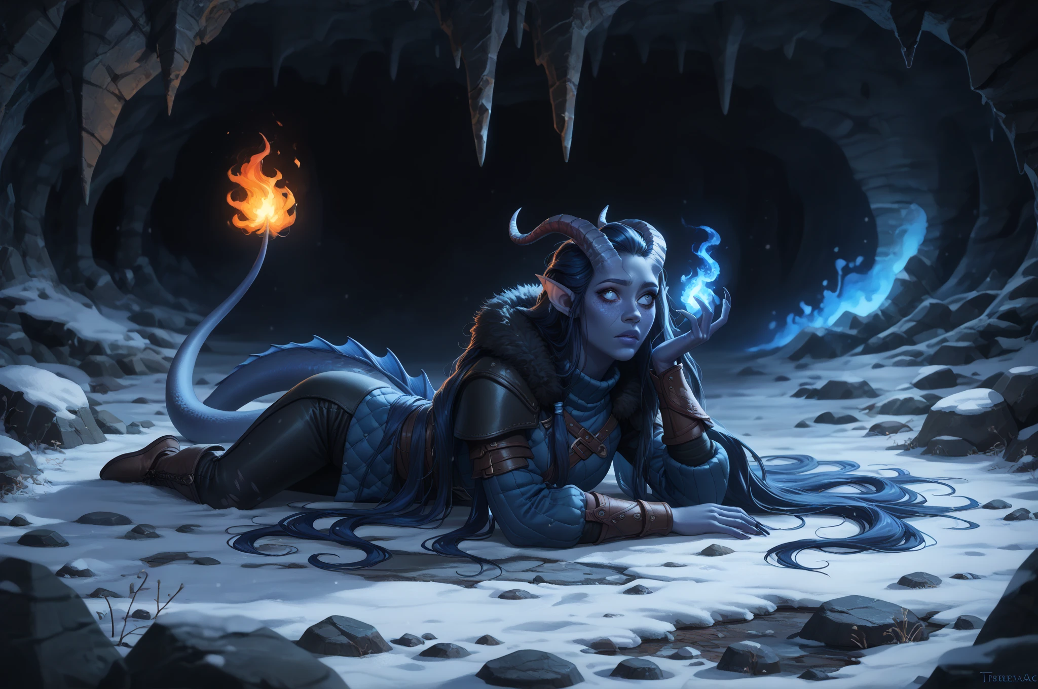 (A snow-covered cedar ,  the winter cedar forest against the background of ), (1Тiefling ,  dark blue-gray skin :1.5), ( very thick long tiefling dragon tail :1.5), ( long black flowing hair with dark blue tips:1.4), ( the bright blue-black pigmentation on the face :1.5), (blue-black freckles :1.2) , ( 2little fins on their heads :1.4), ( Black eyes :1.4), (blue pupils:1.2), ( blue-black pigmentation on the skin :1.5), ( dark grey straight short horns ), ( blue and black pigmentation on the tail :1.5),  girl  , (kind face), (на лице эмоции от coldа), (uniform leather fur medieval pants :1.3), (coldно:1.2), [curiosity ], (35 years old:1.5), (adult:1.2), (Deep look:1.3), (looks back in fright:1.2), ( fur collar armor), ( fur armor ), (chainmail), (you can see pigmentation on his shoulder ), (tail protection), [ snowy winter ], (in a dark, scary cave, :1.4), ( is kneeling in front of a lying broken stone slab:1.6), (visible in full), ( a fiery magic clot of black and red flame in a lowered hand in the palm of your hand:1.4), (dynamic pose:1.3), (очень coldно), (dark:1.2), (blizzard,  snow , cold) , ( top quality ), ( masterpiece fails), ( highest detail),  fantasy background, blue tones, Dark tones, dark shades,  muted colors, [Night], (a dark scary cave in the background).