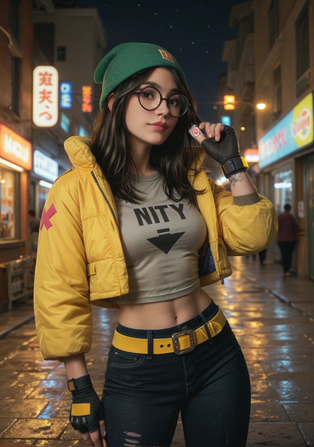 score_9, score_8_up, score_7_up, score_6_up, source _animé, 1 girl, solo, valoKJ, black hair, brown eyes, green hat, round glasses, yellow jacket, gray shirt, partially fingerless gloves, yellow belt, black pants, show-off, night, city, neon signs, looking at you