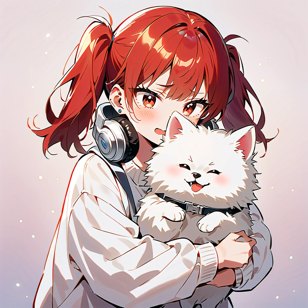 "A young woman with bright red hair, bright skin, and the soft expression , wearing an oversized white sweater .  He wears silver headphones around his neck and has earrings in his left ear .  The man hugs an adorable-looking white fluffy Pomeranian dog.  The background is plain white ,  gives full focus to the character of the man and his dog , twintail."

