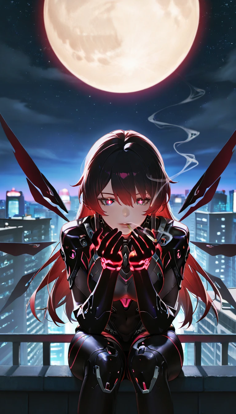 Honkai Impact, Black hair on the outside, Red hair on the inside, long hair, red eyes, red pupils, 1girl, Honkai battlesuit, rooftop, alone, full moon, starry sky, nagazora ruins, rooftop, sitting, energy wings, smoking cigarette, cityscape, , smoking, holding cigarette, smoke,beautiful eyes, crystal eyes, gradient eyes, detailed eyes, ,(add:more-detail:0.7)_(cinematic-lights:1.1)_(realistic lights and shadows:1)_(detailed light:0.9),smoking, smoke coming out of the mouth, smoking, holding cigarette, smoke,blowing smoke, ((perfect_hands:1.5))