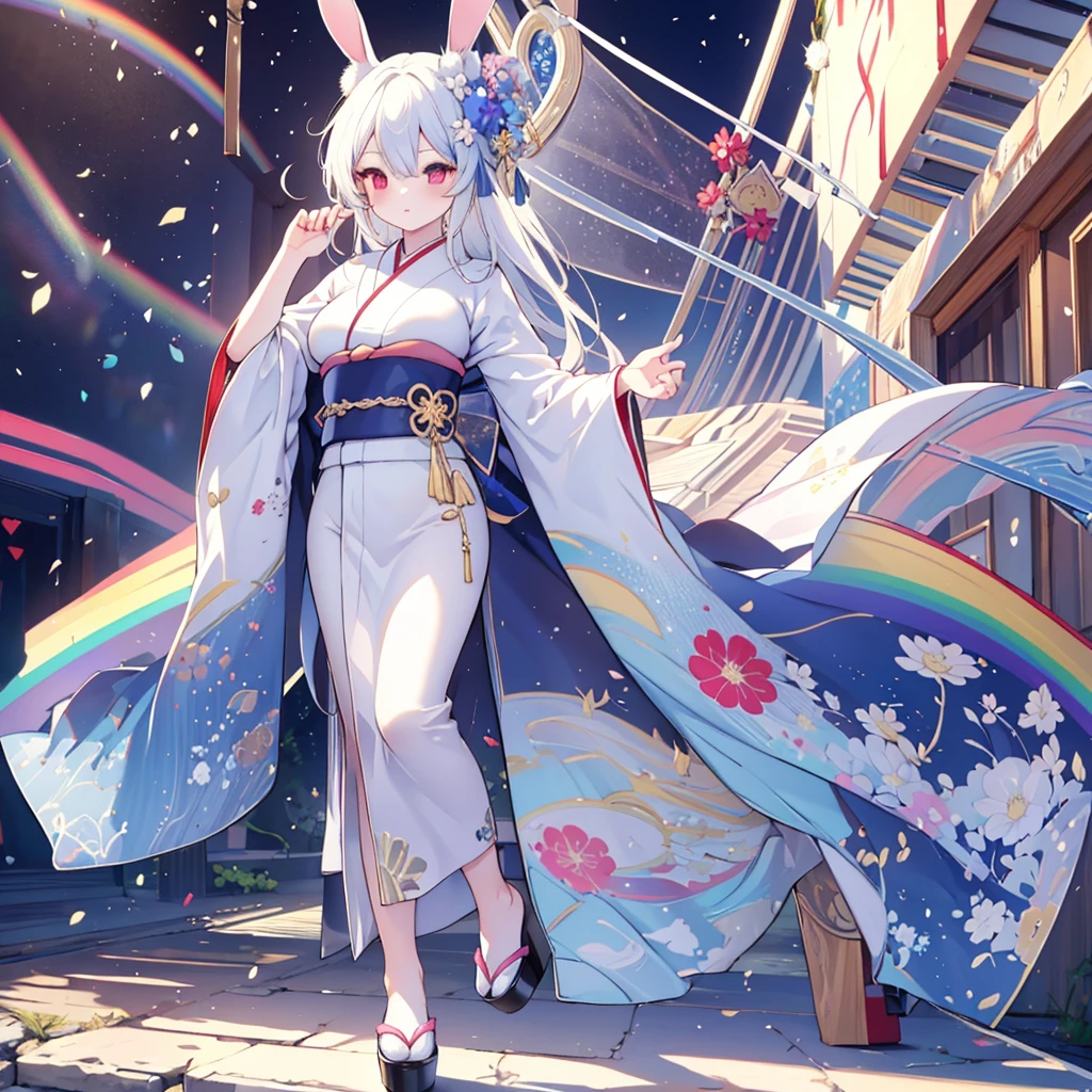 Hand Repair,Foot repair,masterpiece,8k,(((( 1 girl)))), beautiful girl,City Background,((((full body shot,very wide shot,Rabbit Ears,I'm hiding my ears with my hair)))),(((Perfect white hair, long hair))), ((((( rainbow heterochromia, Golden Eye Right Eye,Red Eye Left Eye , kimono,she wearing a blue color furisode,Big Breasts))))), facing forward 