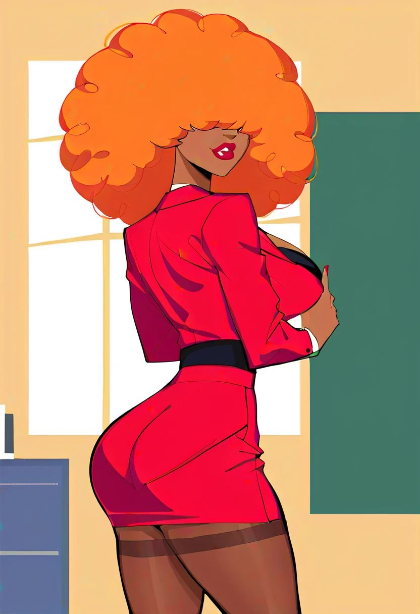 Orange Hair,standing at the Office ,red jacket,orange open blouse , red skirt,unbuttoned blouse  , Big Breasts,  big earth black bra  , Afro Hair,Hair covering the eyes , Black panties,   red hip-length pantyhose , At the office, her Hair covering the eyes .  Cover your eyes with hair、  Orange Hair  、Brown Skin、Red suit、secretary、 Curvy Body 、Big Breasts、Round ass、Tall、Red lips、  short tight skirt 、Trustworthy、solid、 Adult female、Mayor's Office  、indoor、  Up to her hands 、