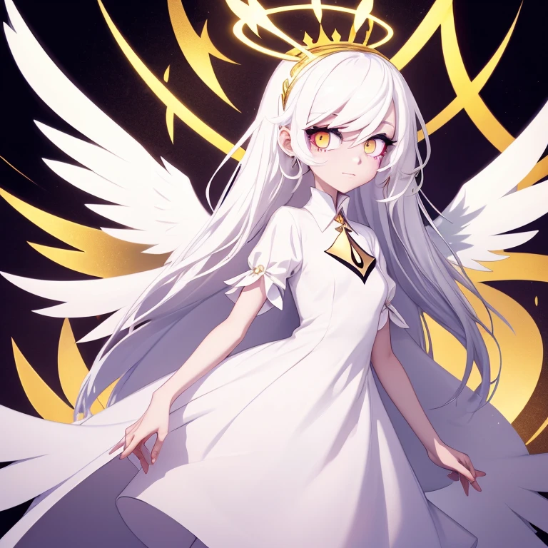  an angel girl in the world of Hazbin Hotel, In the style of Hazbin Hotel .  white hair,  golden eyes,  fair skin .  with angel wings,  white dress.