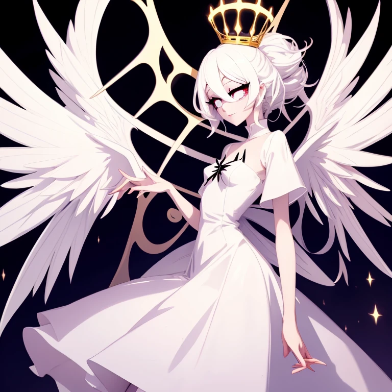  an angel girl in the world of Hazbin Hotel, In the style of Hazbin Hotel .  white hair,  golden eyes,  fair skin .  with angel wings,  white dress.