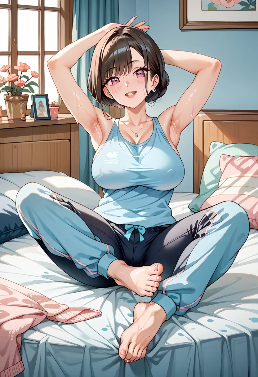 Cute adorable girl in bed showing pink armpits and feet. Sweaty and sensual seductively hot stretching, large and prominent breast, milf