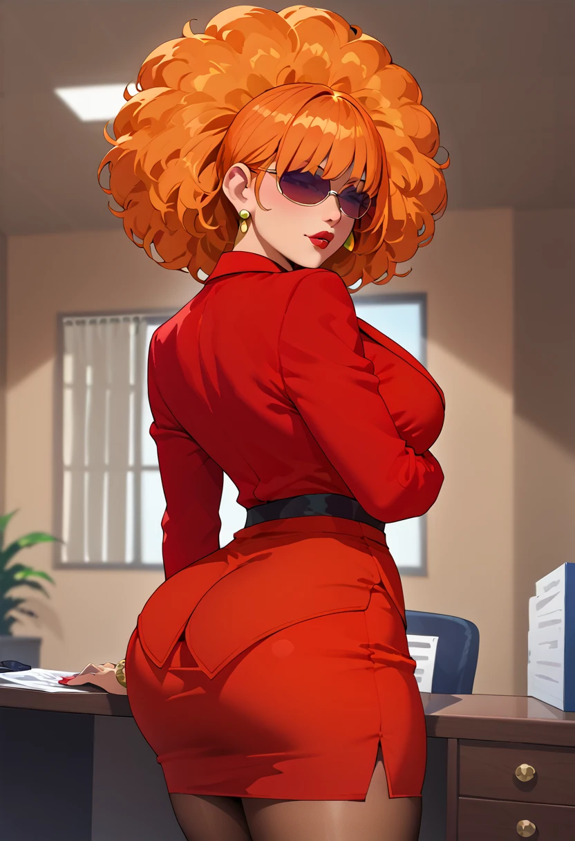 Orange Hair,standing at the Office ,red jacket,orange open blouse , red skirt,unbuttoned blouse  , Big Breasts,  big earth black bra  , Hair covering the eyes , Afro Hair, Black panties,   red hip-length pantyhose , At the office, her Hair covering the eyes .  Cover your eyes with hair、  Orange Hair  、Brown Skin、Red suit、secretary、 Curvy Body 、Big Breasts、Round ass、Tall、Red lips、  short tight skirt 、Trustworthy、solid、 Adult female、Mayor's Office  、indoor、  Up to her hands 、