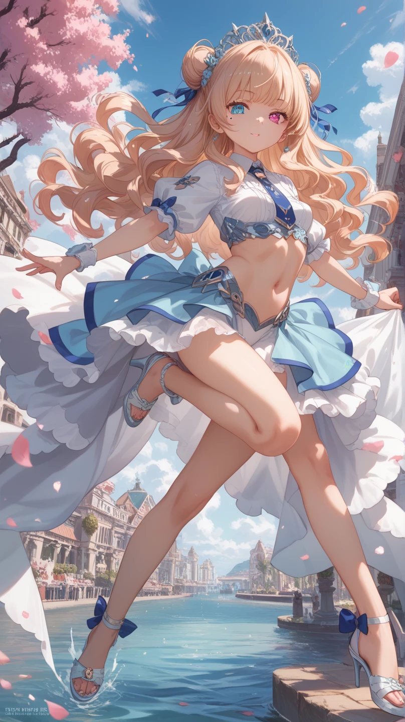 (master piece, high-quality, Mystical, long legs:1.2, ideal ratio of body proportions), (ultra high resolution, 8K RAW photo, photorealistics, natural lighting, textile shading), long shot photo:1.6, (1 beautiful anime girl:1.3, 16 years old, solo:1.6, milf:1.5, nsfw:1.2, full body:1.3), shinny skin, BREAK, ((alice in the wonderland:1.3, cute, kawaii, lovely, funny, a girl falling down from sky:1.7, girl flying in sky:1.5, girl floating in air:1.3, rolling upskirt by wind:1.5, (full smiling:1.3), surprised, putting hands on crotch over the skirts:1.35)), BREAK, ((floating things as follows, PlayingCards, Trump, tea cup, tea pot, tea spoons, pocket watch:1.3, lip sticks, candies:1.2, cookies, jam bottles, classical door_keys)), ((purply_Blue dress :1.5, wearing long flaired skirt:1.3, the skirt is blowing:1.3, White Apron, white stockingedium long platinum-blonde hair:1.2, twin tail hair:1.6, tied hair with a large ribbon), (Blue eyes, bright pupils with highlights, detailed eyes), (lying down on your back:1.6, spreading legs with rising up straight:1.5), ((dutch angle:1.5, full body:1.3, ass focus:1.3, from below:1.5, unbalance posture)), fantastic colorful art, (fantasy art:1.5, wondered images), ((correct anatomy:1.5, perfect anatomy:1.3, correct hand, small foot:1.2)),