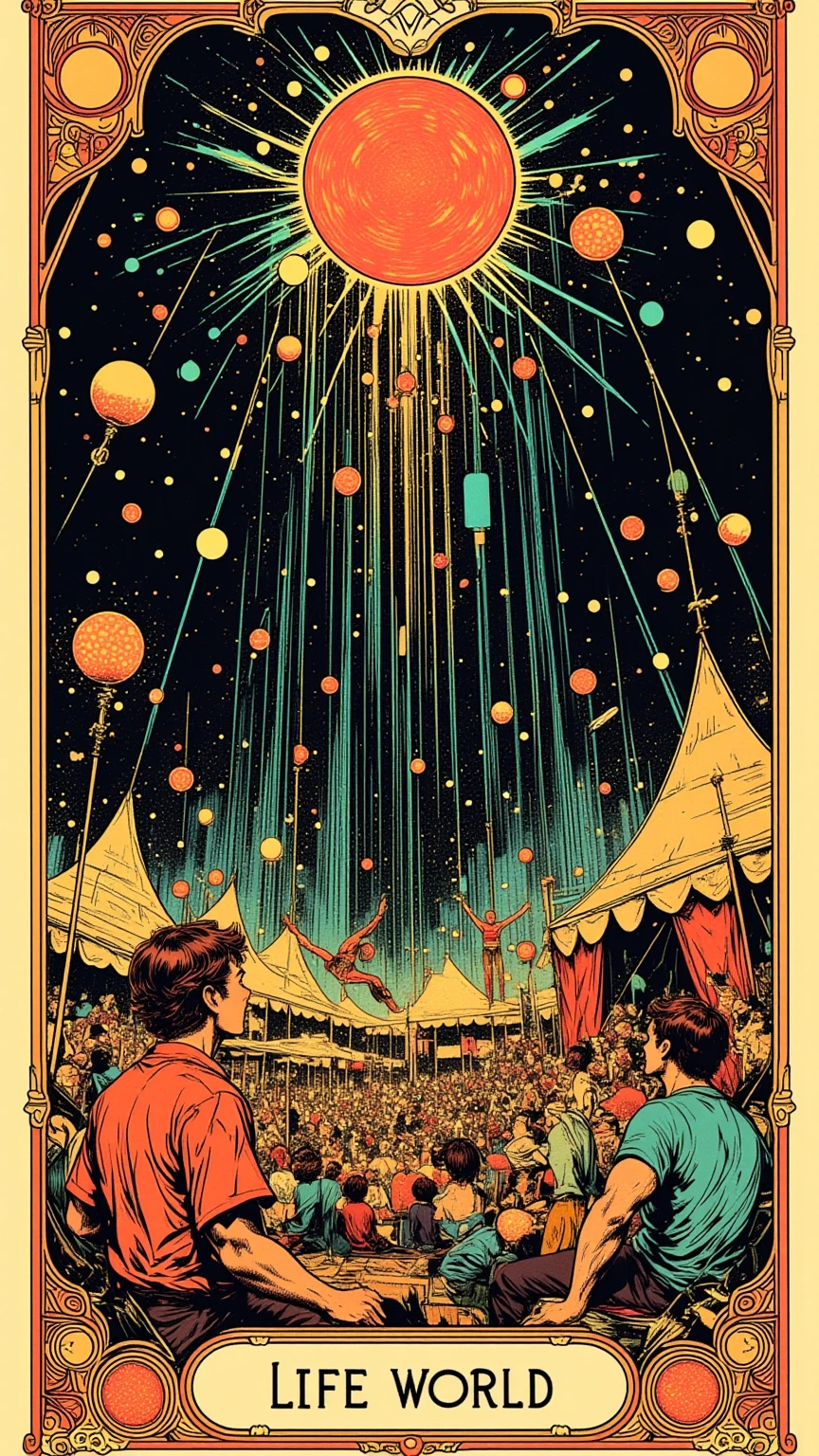 There is a poster of the hallucinogenic art of the trapeze ,Spectators watching in a tent , what is the name of the circus troupe 「Life world」, there is a poster of the circus troupe's illusory art, Circus in the Imaginary World ,Whimsical Circus ,close-up,  close-up view ,  1968 sci-fi tarot card   , Close view , close-up shot , Geometric ornament,Close up shot, Exploitable Images, very detailed circus , high res, accurate,  high detail,   Illusion Art  ,    psychedelic surreal art   ,  terrifying surrealist art   ,   dmt Death of Ego  ,  DMT Egodes   , Ultra Detailed Fantastic Art   ,     fantastic art by high res  , Tool Band Art, tarot card design ,「Life world」The string 