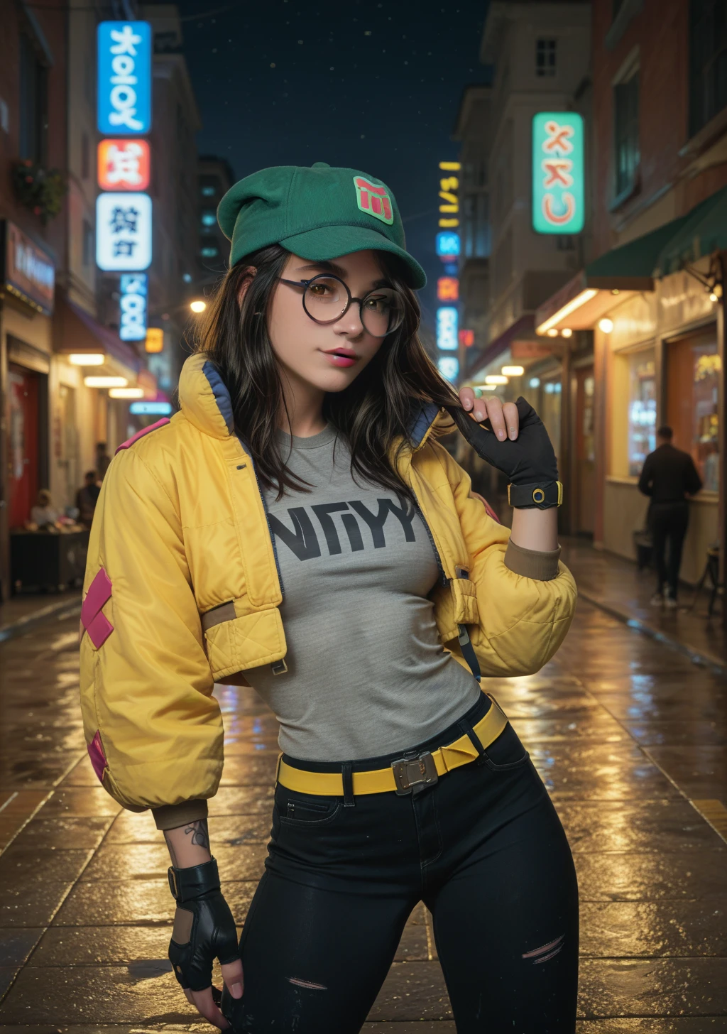 score_9, score_8_up, score_7_up, score_6_up, source _animé, 1 girl, solo, valoKJ, black hair, brown eyes, green hat, round glasses, yellow jacket, gray shirt, partially fingerless gloves, yellow belt, black pants, show-off, night, city, neon signs, looking at you