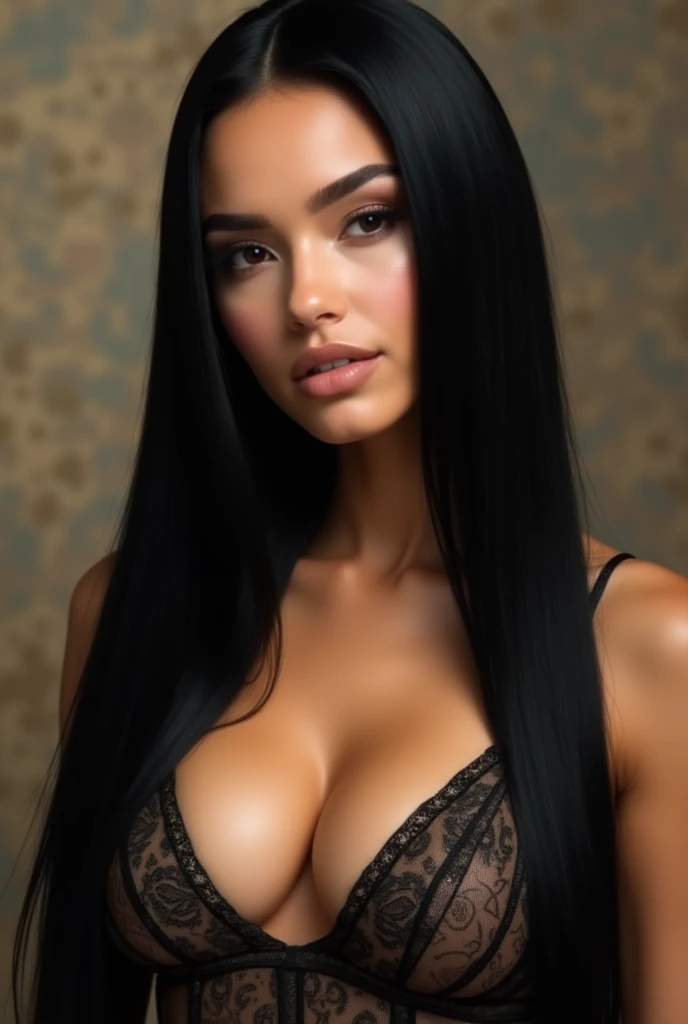 Argentine woman Maricel Paulina Báez with long straight black hair with bangs like Cleopatra, big breasts naked showing her nipples, opening her vaginal lips with her fingers, very slutty 