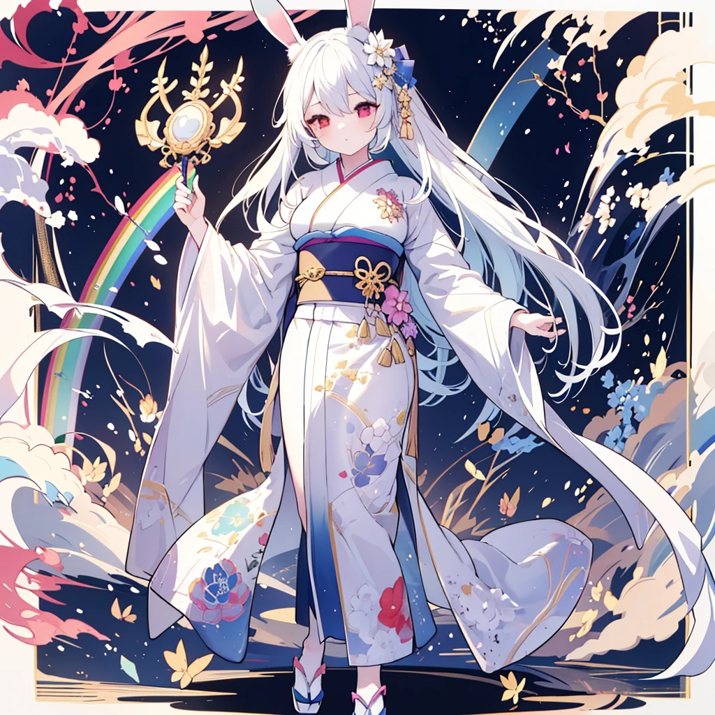 Hand Repair,Foot repair,masterpiece,8k,(((( 1 girl)))), beautiful girl,City Background,((((full body shot,very wide shot,Rabbit Ears,I'm hiding my ears with my hair)))),(((Perfect white hair, long hair))), ((((( rainbow heterochromia, Golden Eye Right Eye,Red Eye Left Eye , kimono,she wearing a blue color furisode,Big Breasts))))), facing forward 