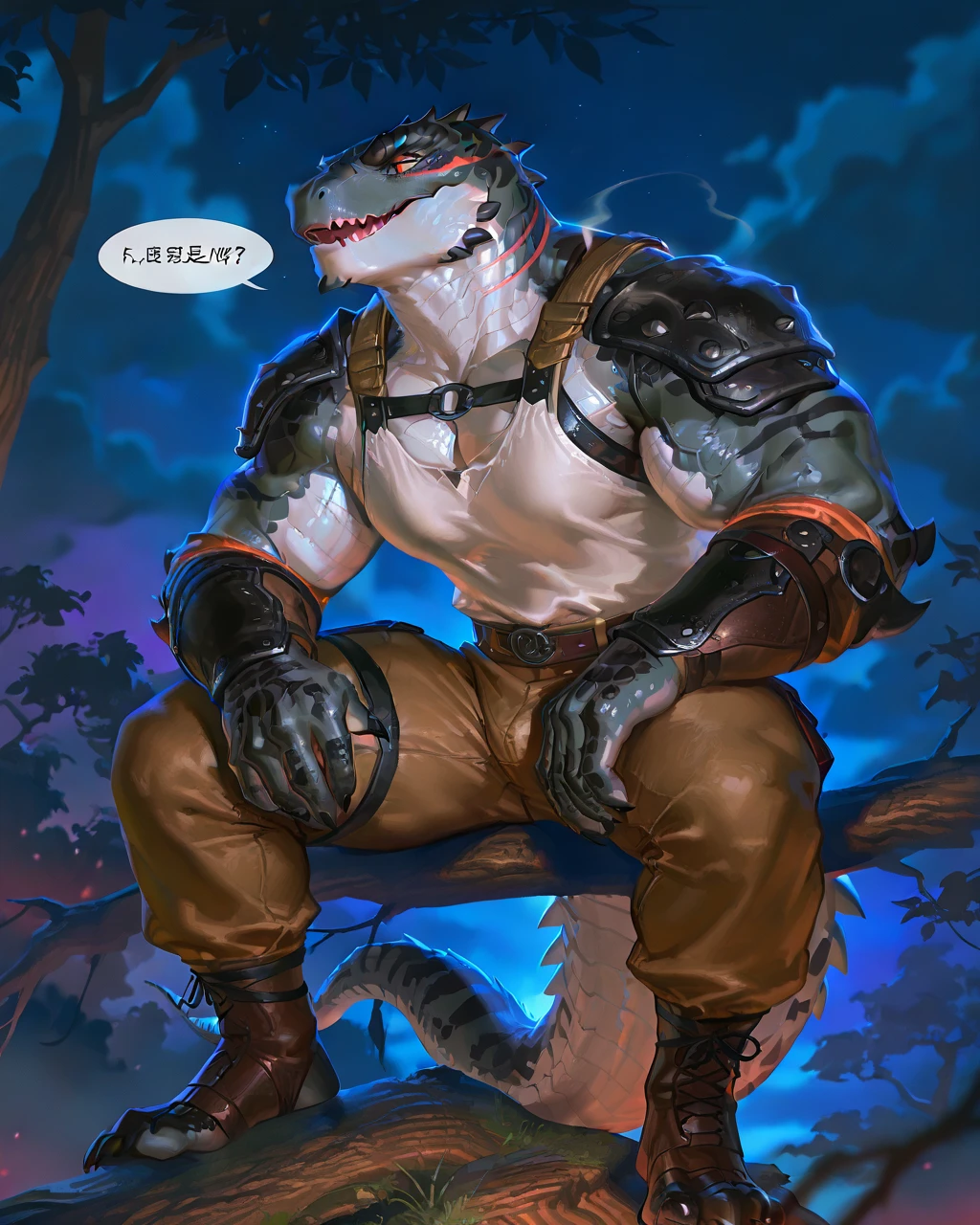 Muscular monster lizardfolk, solo, pants, mercenary, blue tongued skink lizardfolk, gray body, strong, 1male solo, anthro, bara, muscular, open mouth, small waist, thick tail, thick scales on the shoulders, marked jaw, big pecs, pants, full body, comicbook style, sitting on a tree, night time, best quality, 4k, ultra-detailed, by laobai, by taran fiddler, by honovy, by null-ghost, by thebigslick