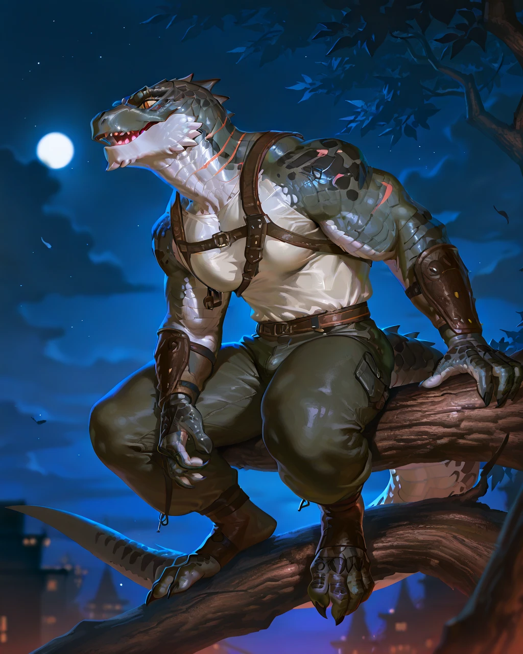 Muscular monster lizardfolk, solo, pants, mercenary, blue tongued skink lizardfolk, gray body, strong, 1male solo, anthro, bara, muscular, open mouth, small waist, thick tail, thick scales on the shoulders, marked jaw, big pecs, pants, full body, comicbook style, sitting on a tree, night time, best quality, 4k, ultra-detailed, by laobai, by taran fiddler, by honovy, by null-ghost, by thebigslick