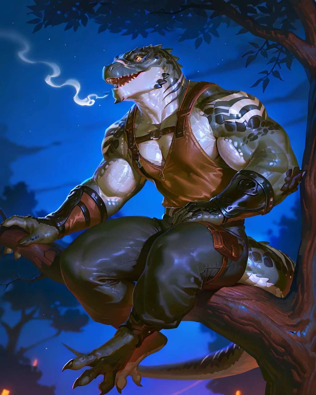 Muscular monster lizardfolk, solo, pants, mercenary, blue tongued skink lizardfolk, gray body, strong, 1male solo, anthro, bara, muscular, open mouth, small waist, thick tail, thick scales on the shoulders, marked jaw, big pecs, pants, full body, comicbook style, sitting on a tree, night time, best quality, 4k, ultra-detailed, by laobai, by taran fiddler, by honovy, by null-ghost, by thebigslick