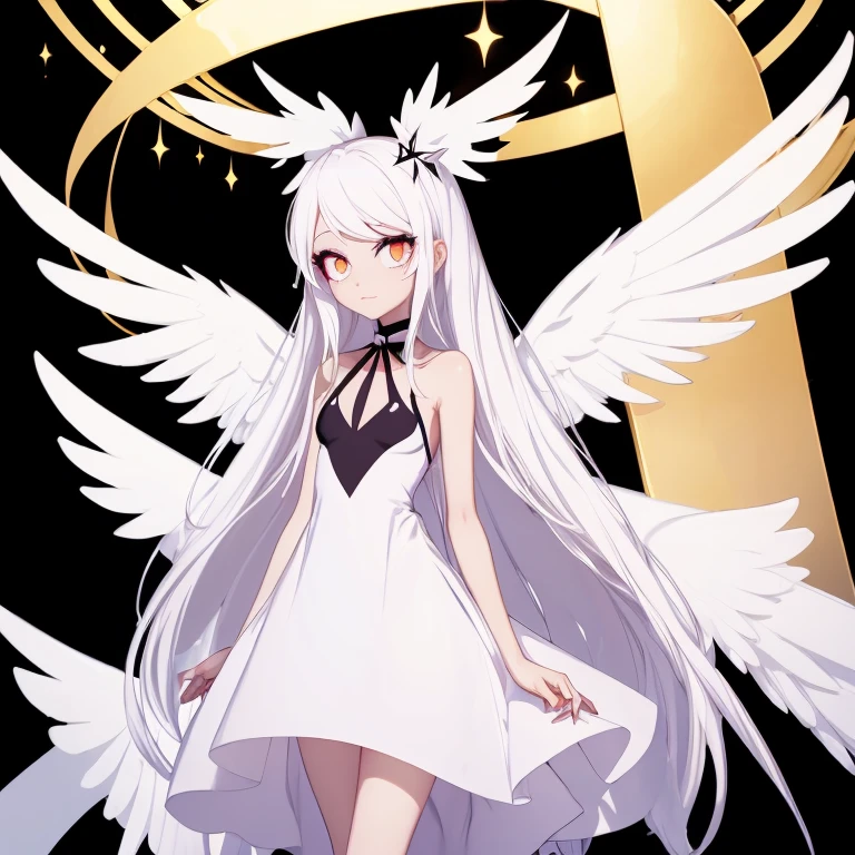 (Art work,  maximum quality,  best quality swimsuit, official art,  handsome and aesthetic :1.2)  an angel girl in the world of Hazbin Hotel, In the style of Hazbin Hotel .  white hair,  golden eyes,  fair skin .  with angel wings,  white dress.