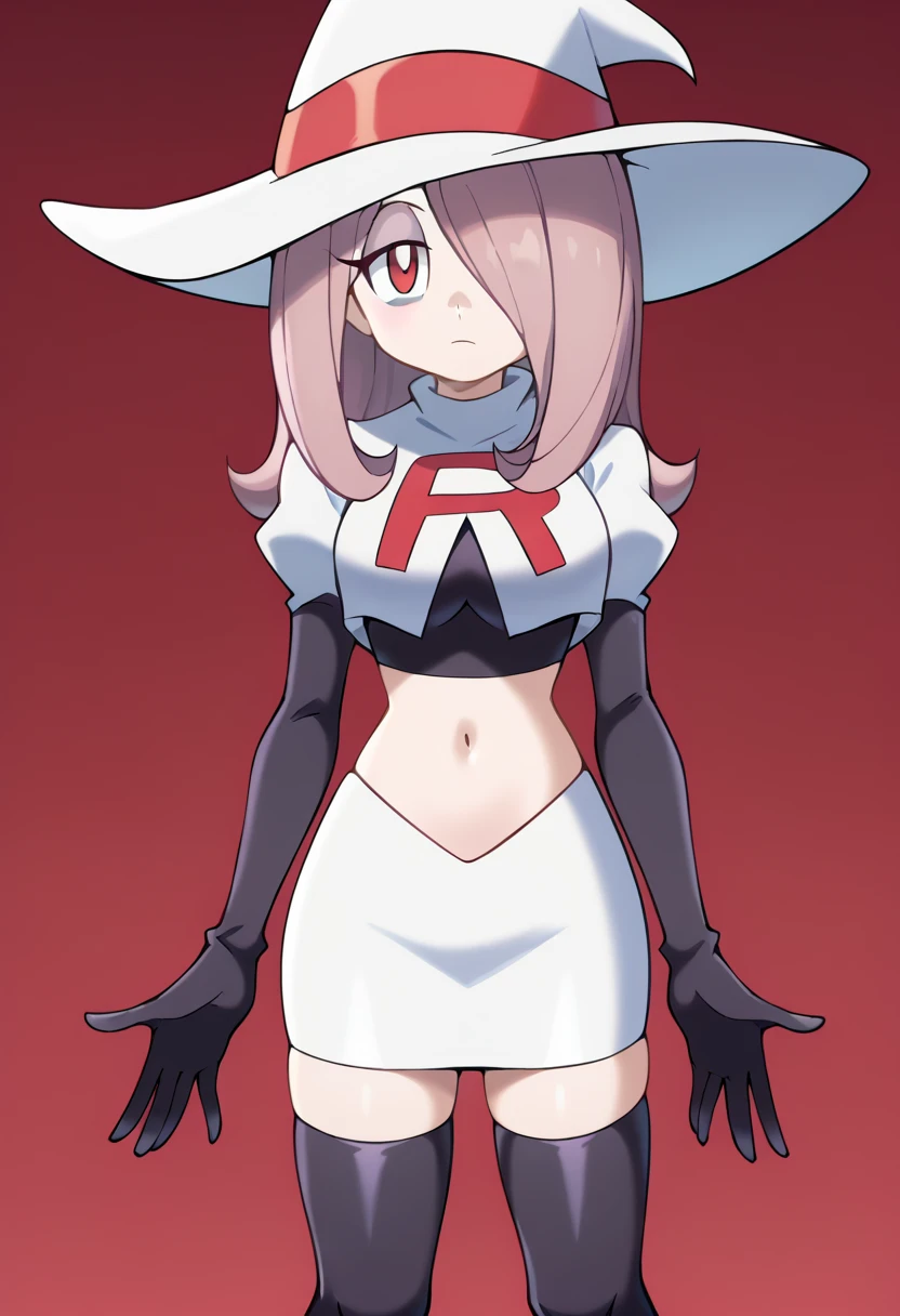 Sucy Manbavaran, solo, team rocket,team rocket uniform,white skirt,red letter R,crop top,black thigh-highs,black elbow gloves, witch hat 