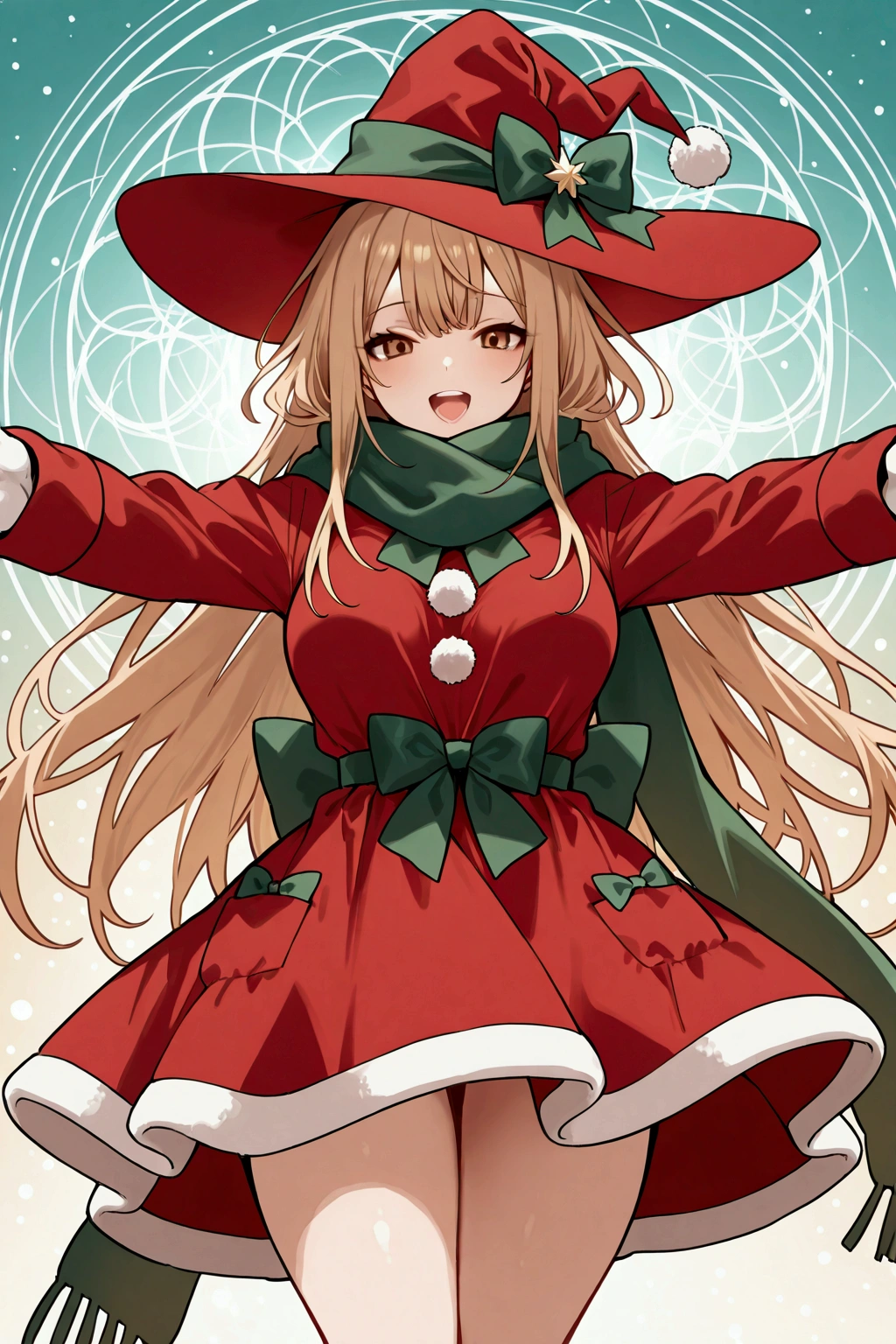 alone, girl, red witch hat with a green bow, blonde long hair and violet tips, happy face, open mouth, teeth, light brown eyes, red Christmas winter dress, green bows in pockets, huge red scarf tied in a big bow on top chest, white winter gloves, opening arms, bright magic circles, medium breasts, magic sparks,perfect scene , Masterpiece, score 9, anime colors, AMERICAN SHOT, beautiful, composition, HARMONY, high quality.