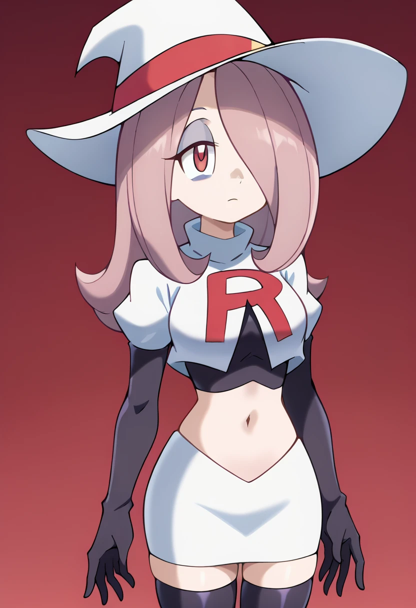 Sucy Manbavaran, solo, team rocket,team rocket uniform,white skirt,red letter R,crop top,black thigh-highs,black elbow gloves, witch hat 