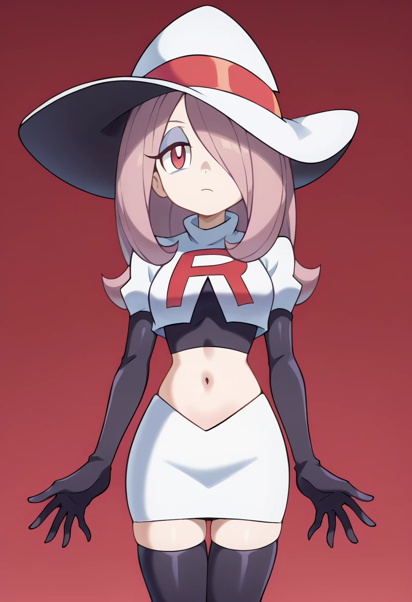 Sucy Manbavaran, solo, team rocket,team rocket uniform,white skirt,red letter R,crop top,black thigh-highs,black elbow gloves, witch hat 