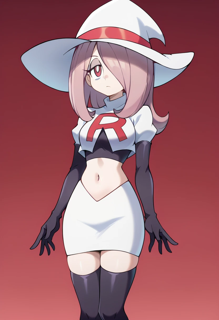 Sucy Manbavaran, solo, team rocket,team rocket uniform,white skirt,red letter R,crop top,black thigh-highs,black elbow gloves, witch hat 