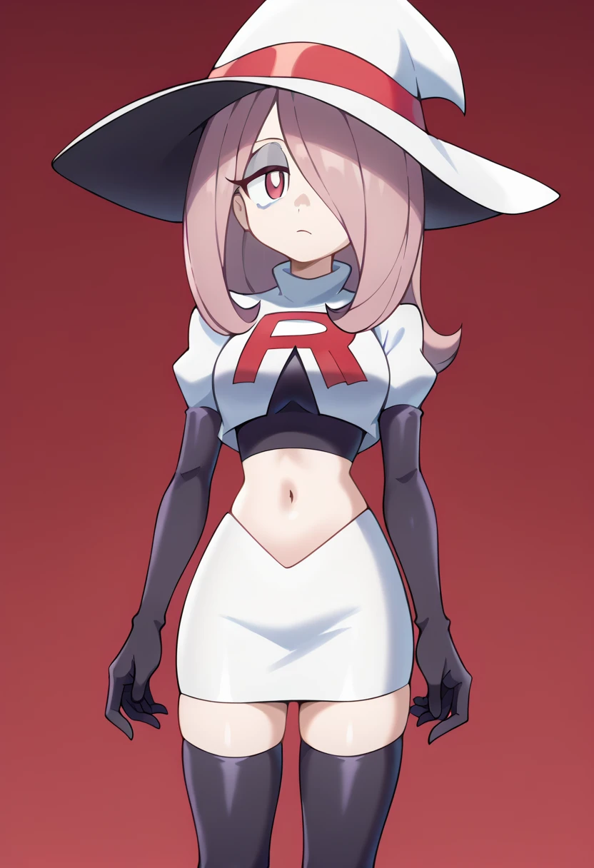 Sucy Manbavaran, solo, team rocket,team rocket uniform,white skirt,red letter R,crop top,black thigh-highs,black elbow gloves, witch hat 