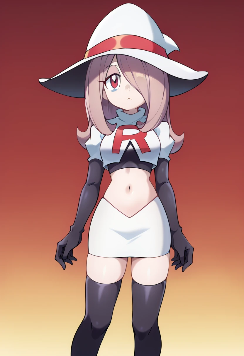 Sucy Manbavaran, solo, team rocket,team rocket uniform,white skirt,red letter R,crop top,black thigh-highs,black elbow gloves, witch hat 