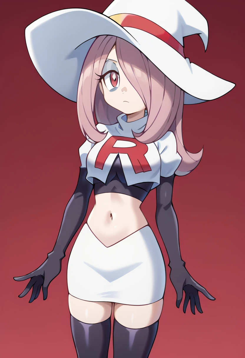 Sucy Manbavaran, solo, team rocket,team rocket uniform,white skirt,red letter R,crop top,black thigh-highs,black elbow gloves, witch hat 