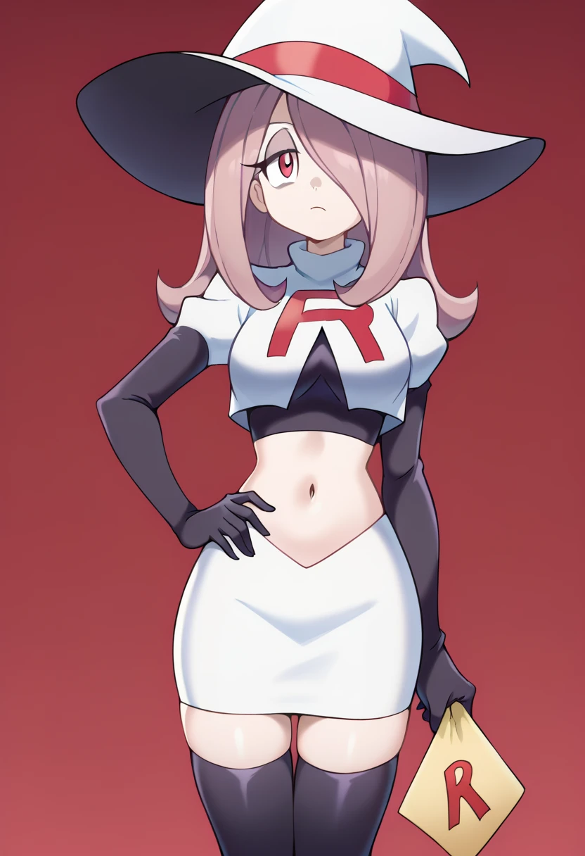 Sucy Manbavaran, solo, team rocket,team rocket uniform,white skirt,red letter R,crop top,black thigh-highs,black elbow gloves, witch hat 