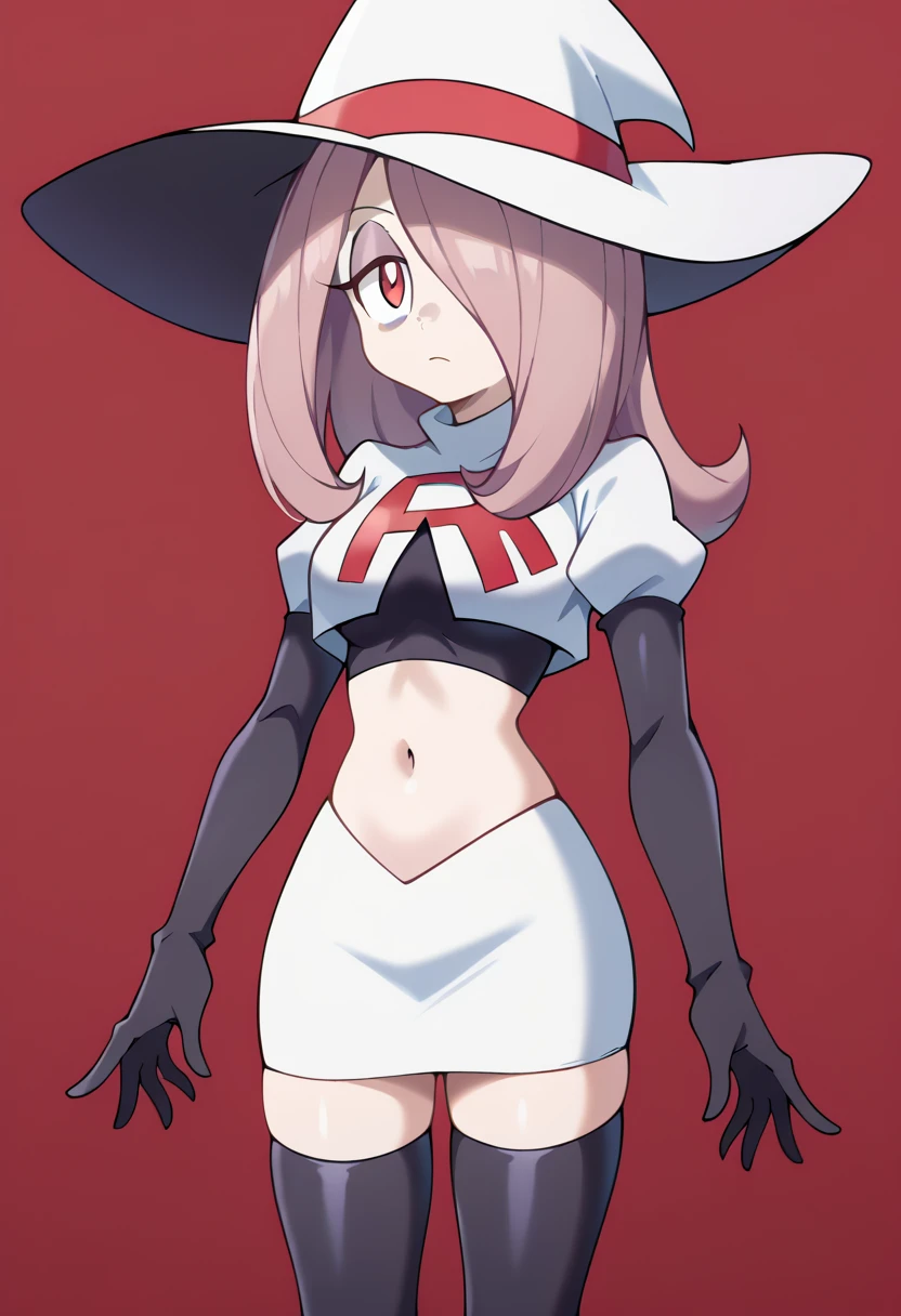 Sucy Manbavaran, solo, team rocket,team rocket uniform,white skirt,red letter R,crop top,black thigh-highs,black elbow gloves, witch hat 