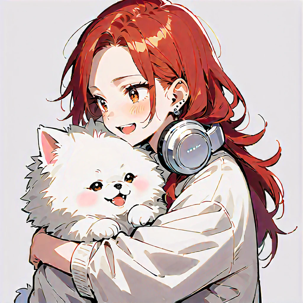 "A young woman with bright red hair, bright skin, and the soft expression , wearing an oversized white sweater .  He wears silver headphones around his neck and has earrings in his left ear .  The man hugs an adorable-looking white fluffy Pomeranian dog.  The background is plain white ,  gives full focus to the character of the man and his dog , mullet,"