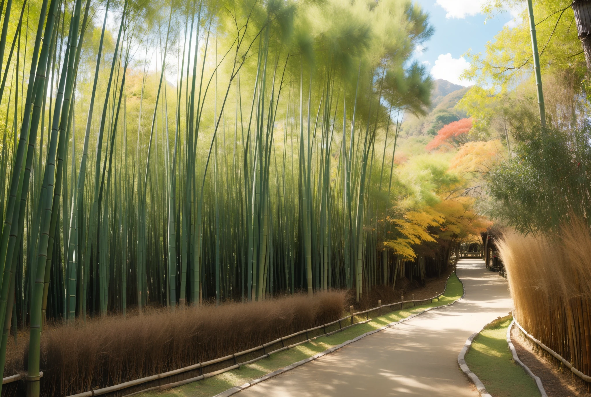 2.	 Bamboo Grove Path
A small path in the bamboo grove in Arashiyama, Kyoto 。 Mysterious landscape where transparent green bamboo stretches high in the sky。Colourful Autumn 