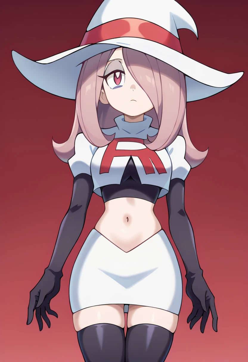 Sucy Manbavaran, solo, team rocket,team rocket uniform,white skirt,red letter R,crop top,black thigh-highs,black elbow gloves, witch hat 