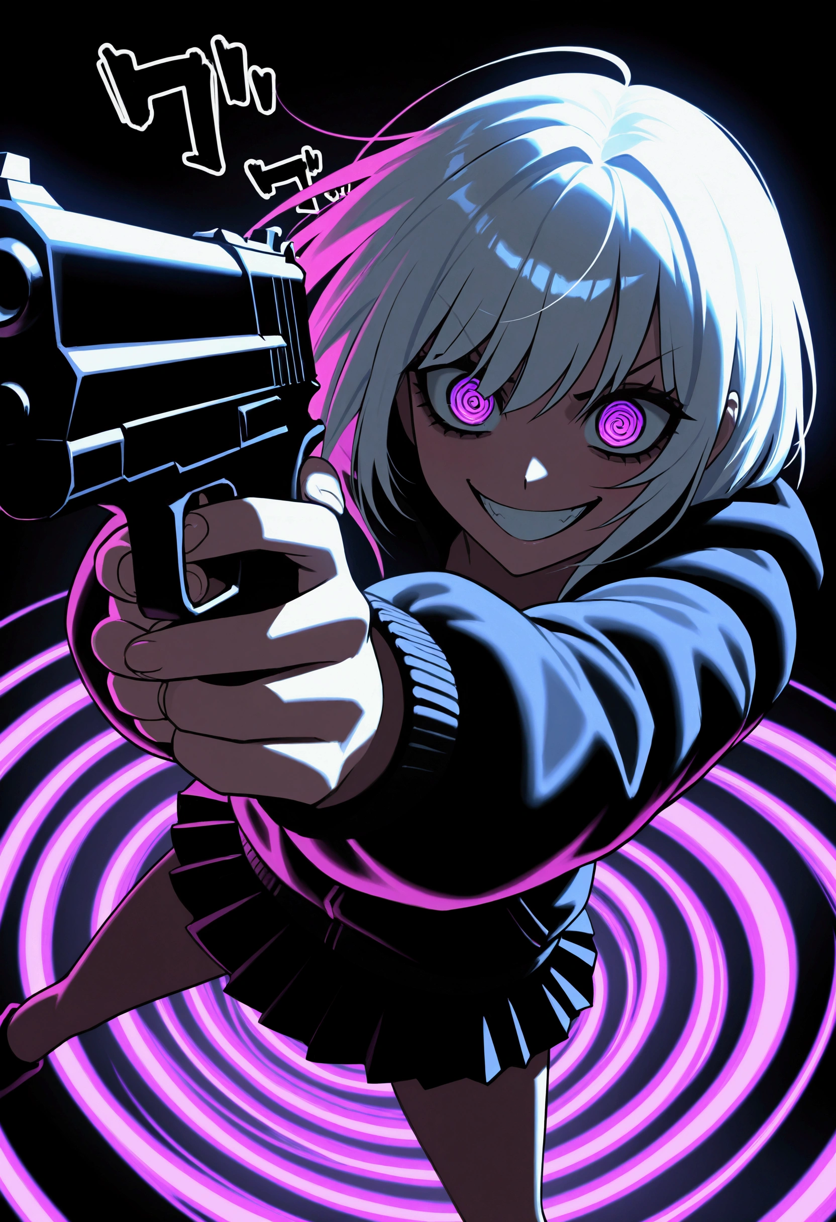 Close up shot of a crazy lady eyes, crazy hypnotic spiral eyes, white hair, hyper exaggerated perspective, hyper exaggerated pose, emo edgy woman, shooting gun pose, menacing grin, dark alley night background, large purple puffy jacket and miniskirt outfit, dark blue and black background, neon colored teeth