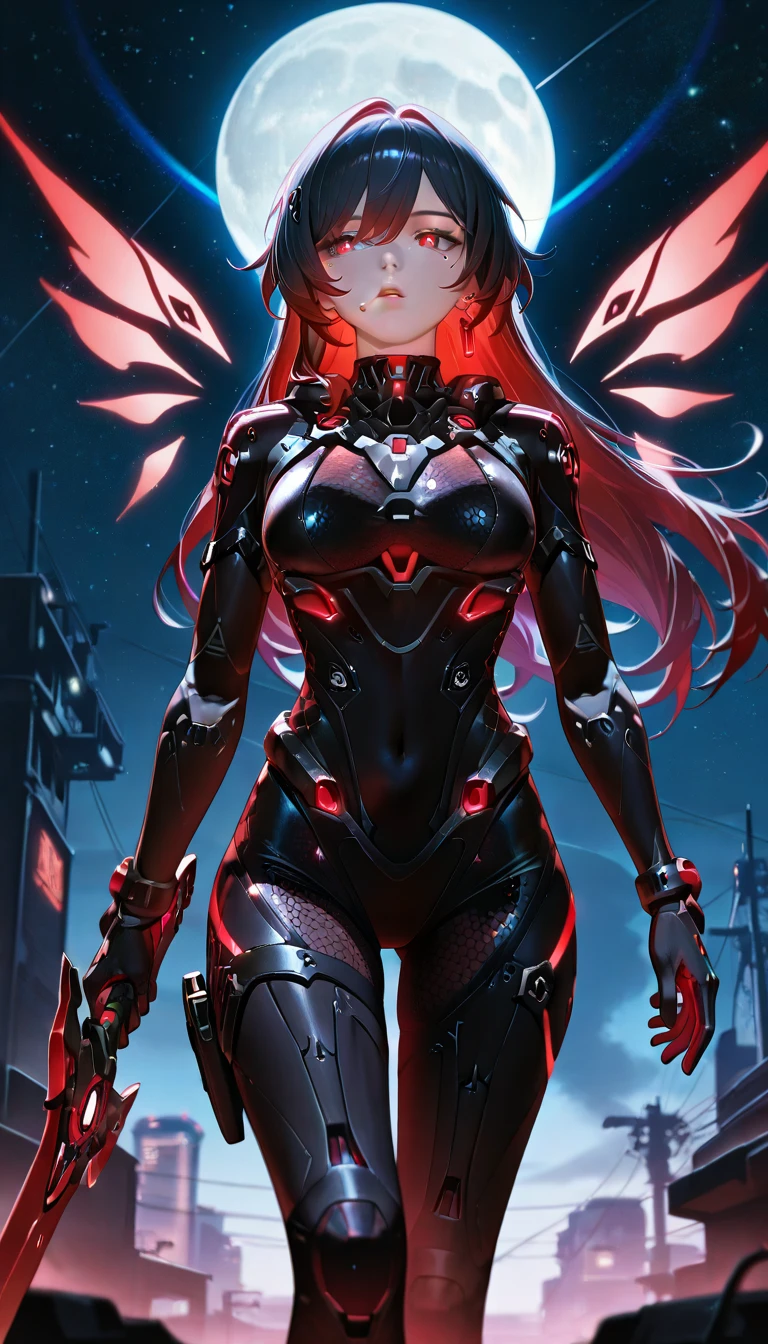 Honkai Impact, Black hair on the outside, Red hair on the inside, long hair, red eyes, red pupils, 1girl, Honkai battlesuit, full moon, starry sky, holding weapon, holding sword, energy wings, warrior, EyeDetailerXL,(add:more-detail:0.7)_(cinematic-lights:1.1)_(realistic lights and shadows:1)_(detailed light:0.9),(add:more-detail:0.7)_(cinematic-lights:1.1)_(realistic lights and shadows:1)_(detailed light:0.9) multicolored hair, mole, mole under left eye,AddXL,Rainbow Holographic Combat Suit, Nano Combat Suit, Mesh Combat Suit,hi3,ruanyi0867,black and red bodysuit,science fiction,skin tight, smoking, cigarette, leg holster,