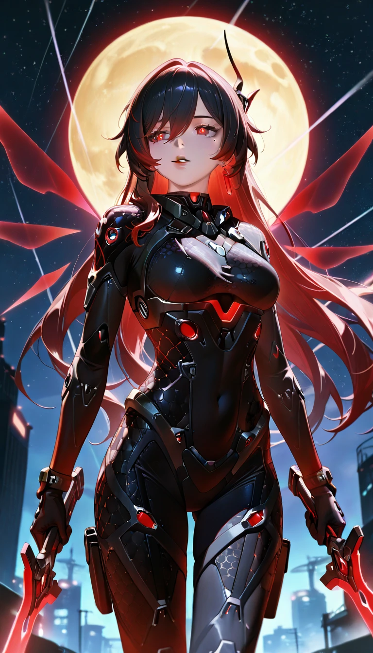 Honkai Impact, Black hair on the outside, Red hair on the inside, long hair, red eyes, red pupils, 1girl, Honkai battlesuit, full moon, starry sky, holding weapon, holding sword, energy wings, warrior, EyeDetailerXL,(add:more-detail:0.7)_(cinematic-lights:1.1)_(realistic lights and shadows:1)_(detailed light:0.9),(add:more-detail:0.7)_(cinematic-lights:1.1)_(realistic lights and shadows:1)_(detailed light:0.9) multicolored hair, mole, mole under left eye,AddXL,Rainbow Holographic Combat Suit, Nano Combat Suit, Mesh Combat Suit,hi3,ruanyi0867,black and red bodysuit,science fiction,skin tight, smoking, cigarette, leg holster,