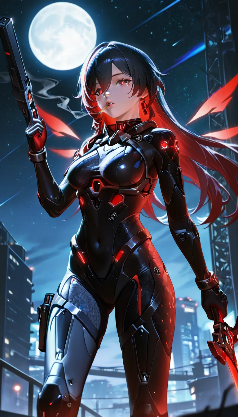 Honkai Impact, Black hair on the outside, Red hair on the inside, long hair, red eyes, red pupils, 1girl, Honkai battlesuit, full moon, starry sky, holding weapon, holding sword, energy wings, warrior, EyeDetailerXL,(add:more-detail:0.7)_(cinematic-lights:1.1)_(realistic lights and shadows:1)_(detailed light:0.9),(add:more-detail:0.7)_(cinematic-lights:1.1)_(realistic lights and shadows:1)_(detailed light:0.9) multicolored hair, mole, mole under left eye,AddXL,Rainbow Holographic Combat Suit, Nano Combat Suit, Mesh Combat Suit,hi3,ruanyi0867,black and red bodysuit,science fiction,skin tight, smoking, cigarette, leg holster,