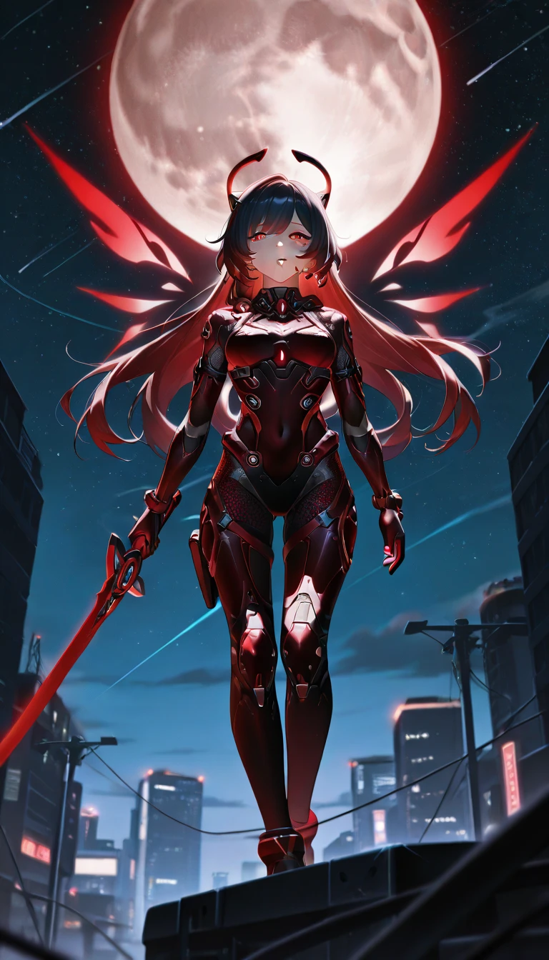 Honkai Impact, Black hair on the outside, Red hair on the inside, long hair, red eyes, red pupils, 1girl, Honkai battlesuit, full moon, starry sky, holding weapon, holding sword, energy wings, warrior, EyeDetailerXL,(add:more-detail:0.7)_(cinematic-lights:1.1)_(realistic lights and shadows:1)_(detailed light:0.9),(add:more-detail:0.7)_(cinematic-lights:1.1)_(realistic lights and shadows:1)_(detailed light:0.9) multicolored hair, mole, mole under left eye,AddXL,Rainbow Holographic Combat Suit, Nano Combat Suit, Mesh Combat Suit,hi3,ruanyi0867,black and red bodysuit,science fiction,skin tight, smoking, cigarette, leg holster,