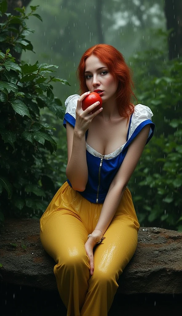 comic art, 8K, super detailed, ultra resolution, snow white character soaked biting an apple sitting on a rock, perfect breast, perfect body, long legs, redhead with loose hair soaked and disheveled, iconic snow white yellow blue and white short tight dress soaked and dirty. dark fantasy forest, torrential rain, cinematic. apply rule of thirds leaving the woman in the center.