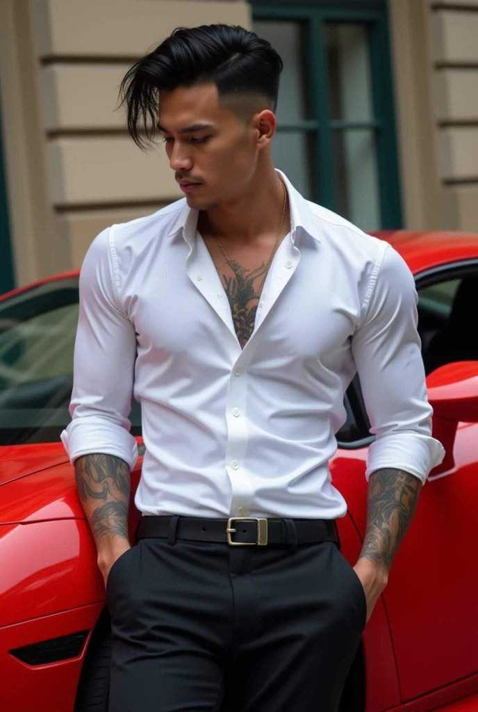  a strong and attractive man is leaning against a red Lamborghini avantador car. With wavy low fade black hair  ,  slightly wearing a white dress shirt and black pants .  He has tattoos on his arm and neck and a look of desire 