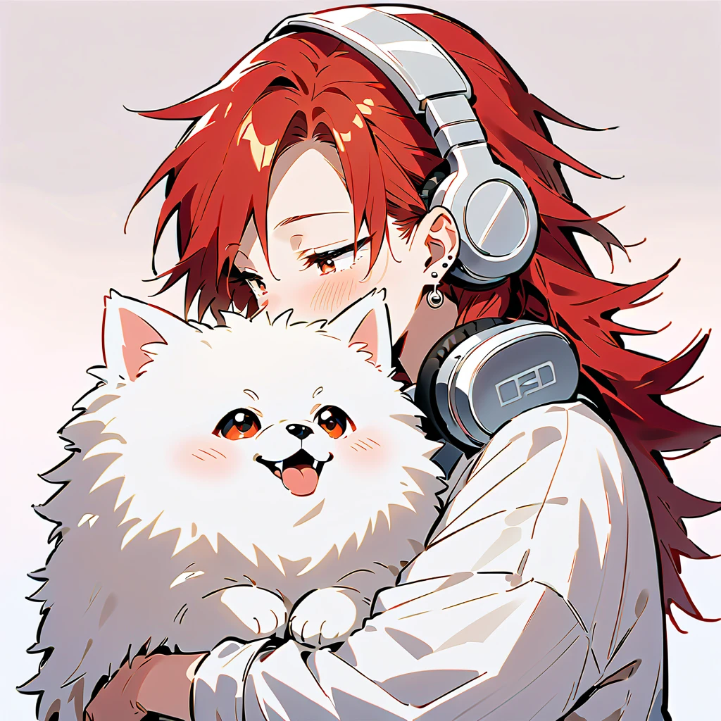 "A young woman with bright red hair, bright skin, and the soft expression , wearing an oversized white sweater .  He wears silver headphones around his neck and has earrings in his left ear .  The man hugs an adorable-looking white fluffy Pomeranian dog.  The background is plain white ,  gives full focus to the character of the man and his dog , mullet,"