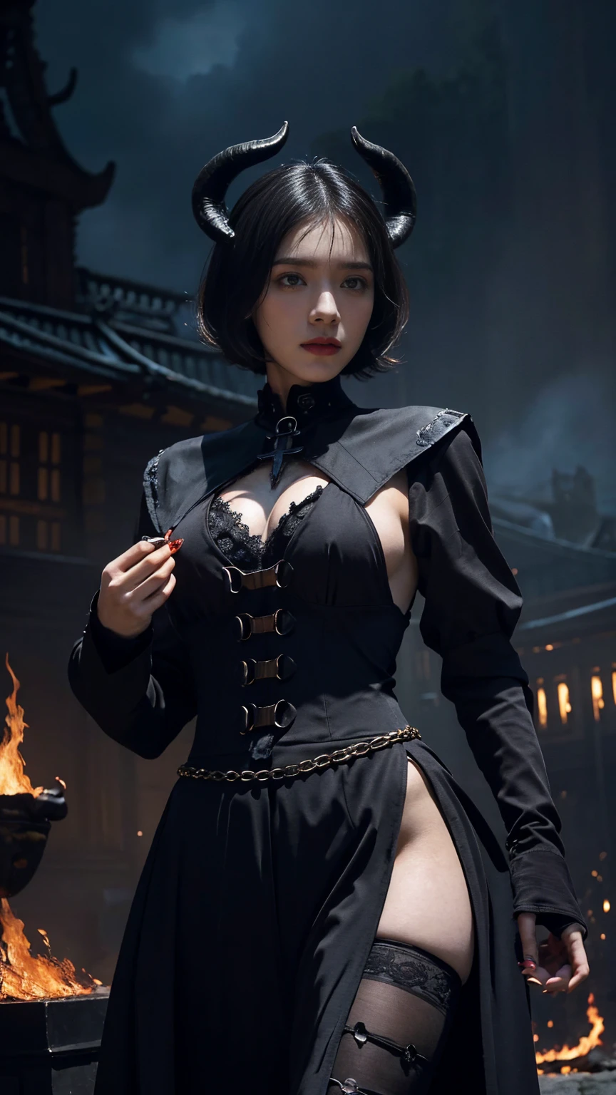    high definition  ,   anatomically accurate ,   Ultra Fine,   textured skin around the chest, woman、((   with short black belly hair split in the center  )), ((   Black horns grow on the head   、)),   large breasts at the temple 、(((   is a composition of the moment fire emits magic in a fantasy world))),  muscular、(( The background is a city scene engulfed in flames  )), ( Walking Towards Me ), ( The devil's costume is dark overall   ), (((  gothic makeup  ))),