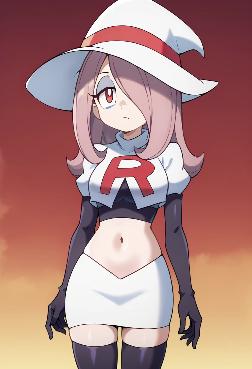 Sucy Manbavaran, solo, team rocket,team rocket uniform,white skirt,red letter R,crop top,black thigh-highs,black elbow gloves, witch hat 