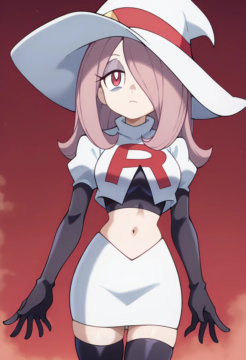 Sucy Manbavaran, solo, team rocket,team rocket uniform,white skirt,red letter R,crop top,black thigh-highs,black elbow gloves, witch hat 